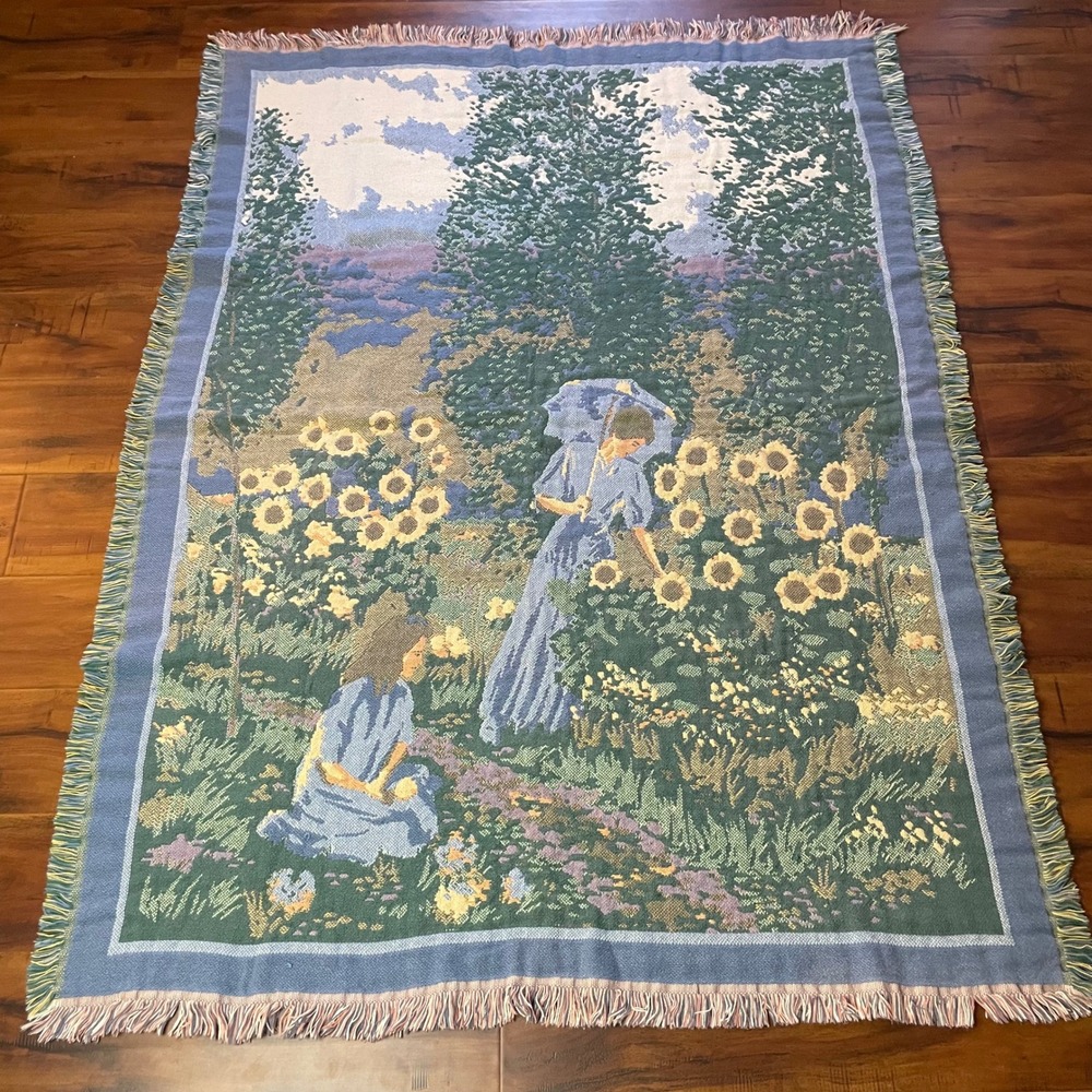 Goodwin Weavers Woven Throw Blanket Tapestry Lady Sunflower Garden Fringe USA